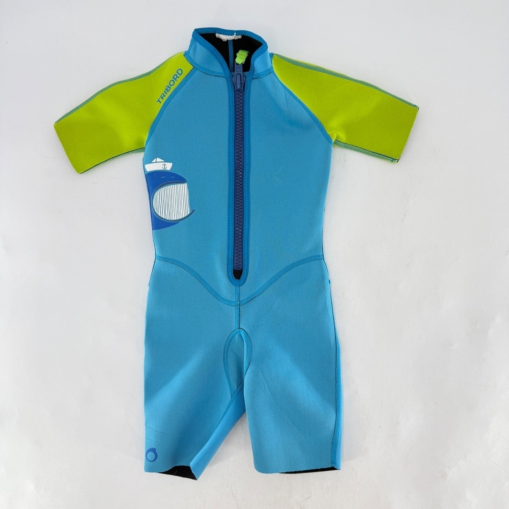 Tribord Kids Swimsuit Wetsuit Blue Green Whale Graphic Zip Front Outdoor